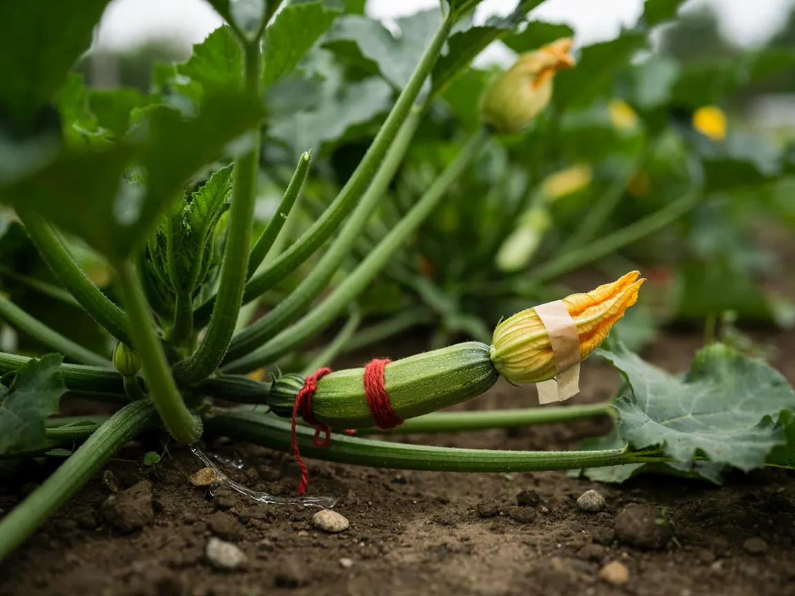 Fleur femelle de courgette refermée au ruban adhésif, petit fruit marqué d'une laine rouge