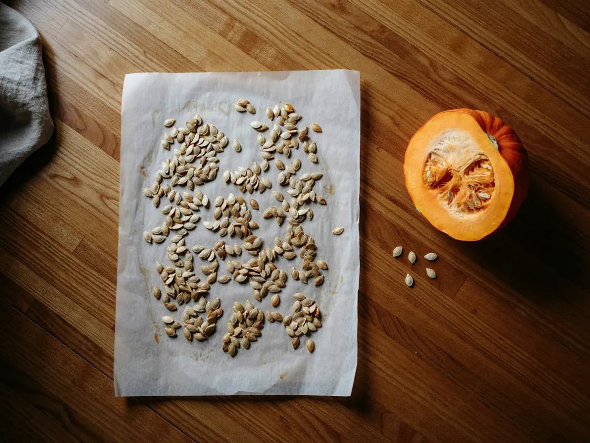 Graines de courge séchant sur du papier cuisson à côté d'un potimarron ouvert