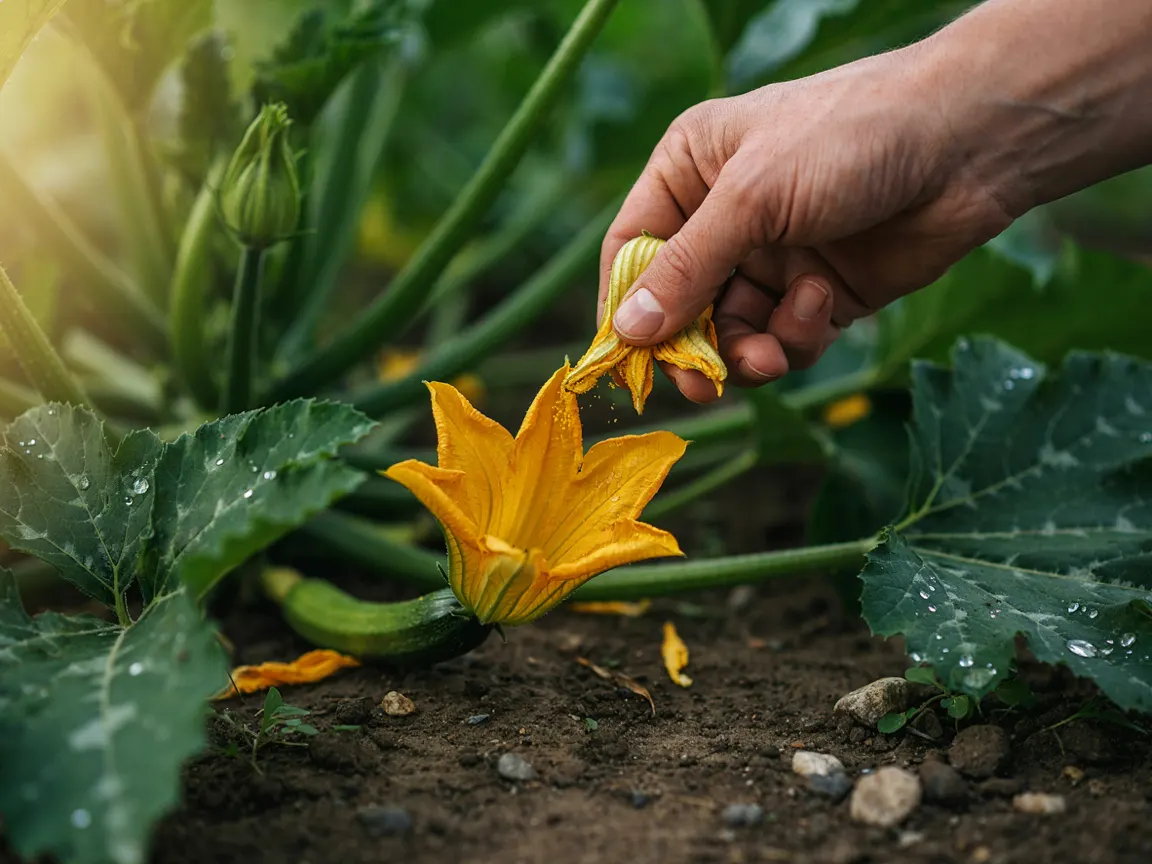 Main déposant le pollen d'une fleur mâle sur le cœur d'une fleur femelle de courgette
