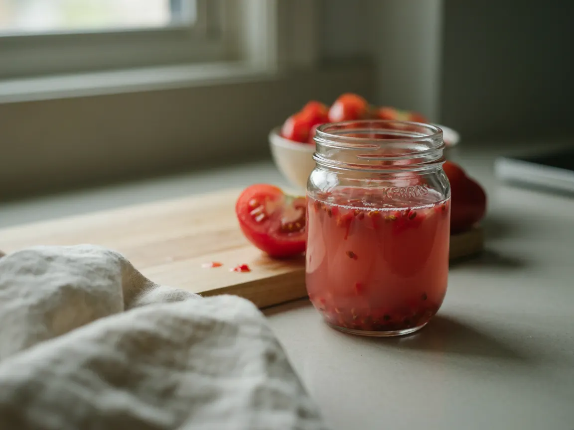 Bocal de pulpe et de graines de tomate en fermentation