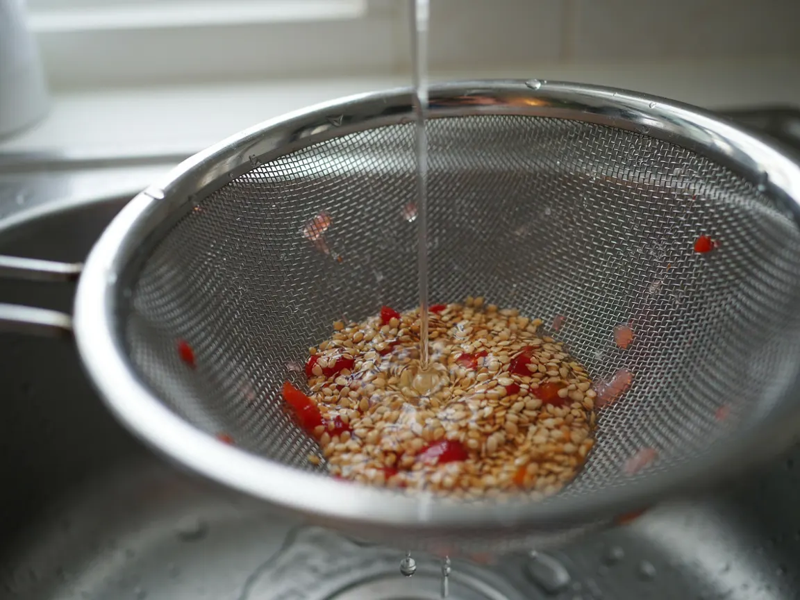 Graines rincées sous l'eau dans une passoire fine