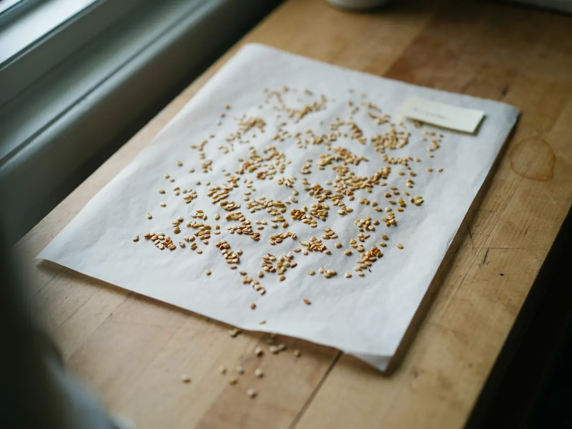 Graines de tomate séchant en couche fine sur du papier cuisson, avec leur étiquette